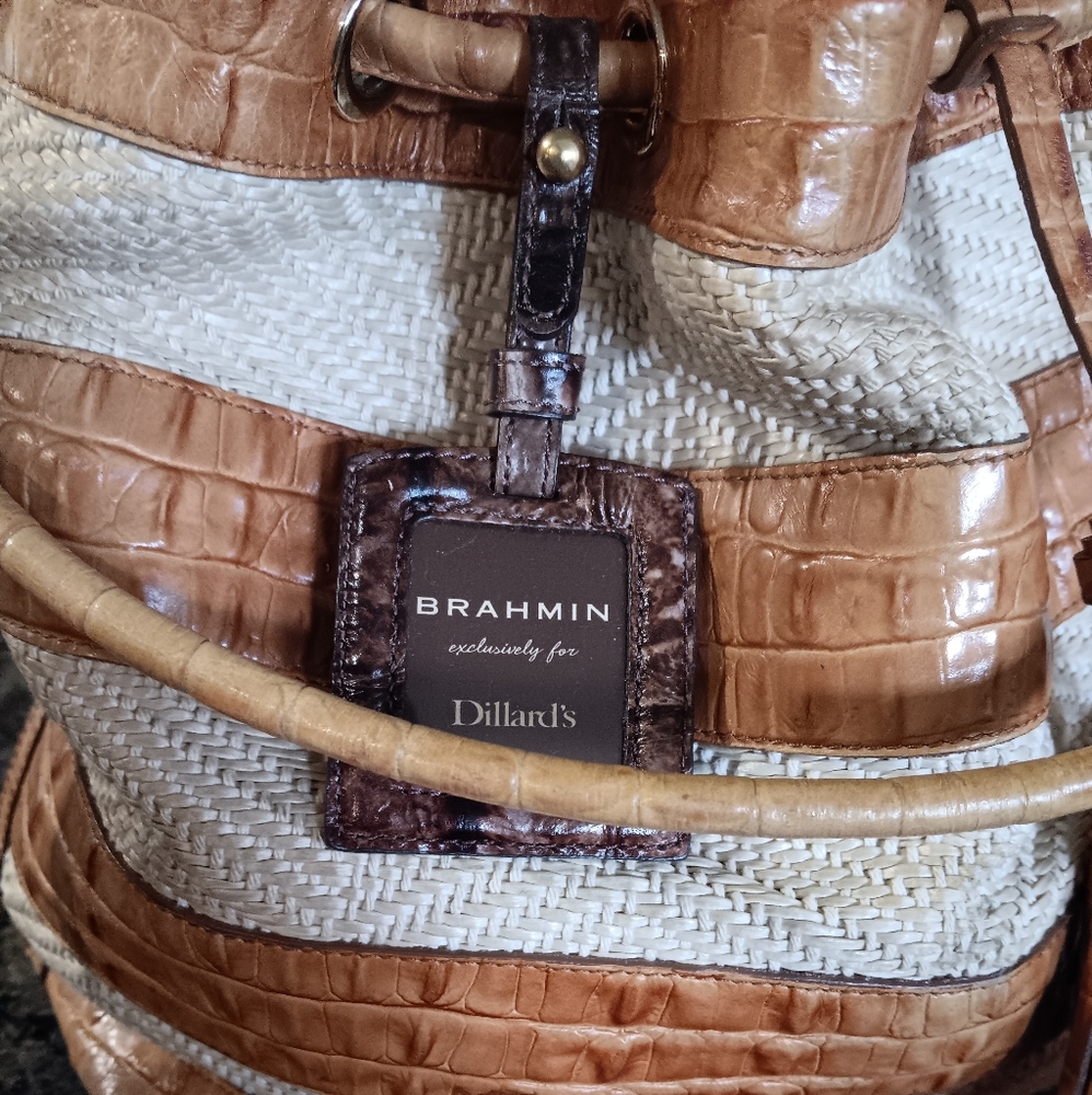 BRAHMIN Trina Whiskey & Raffia Drawstring Hobo Shoulder Bag with Dillard's hangt